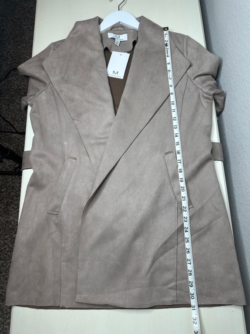 Magaschoni Women's Belted Faux‎ Leather Suede Hip Length Trench Coat Size Large - Picture 12 of 13